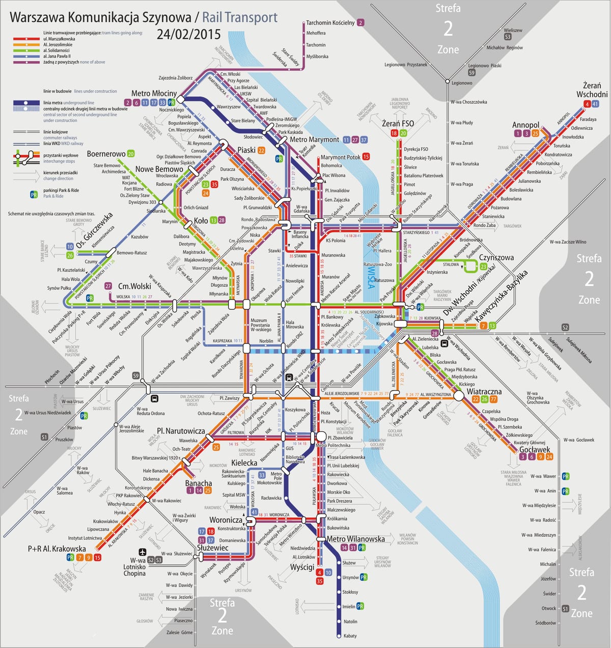 ワルシャワのトラム路線網の地図