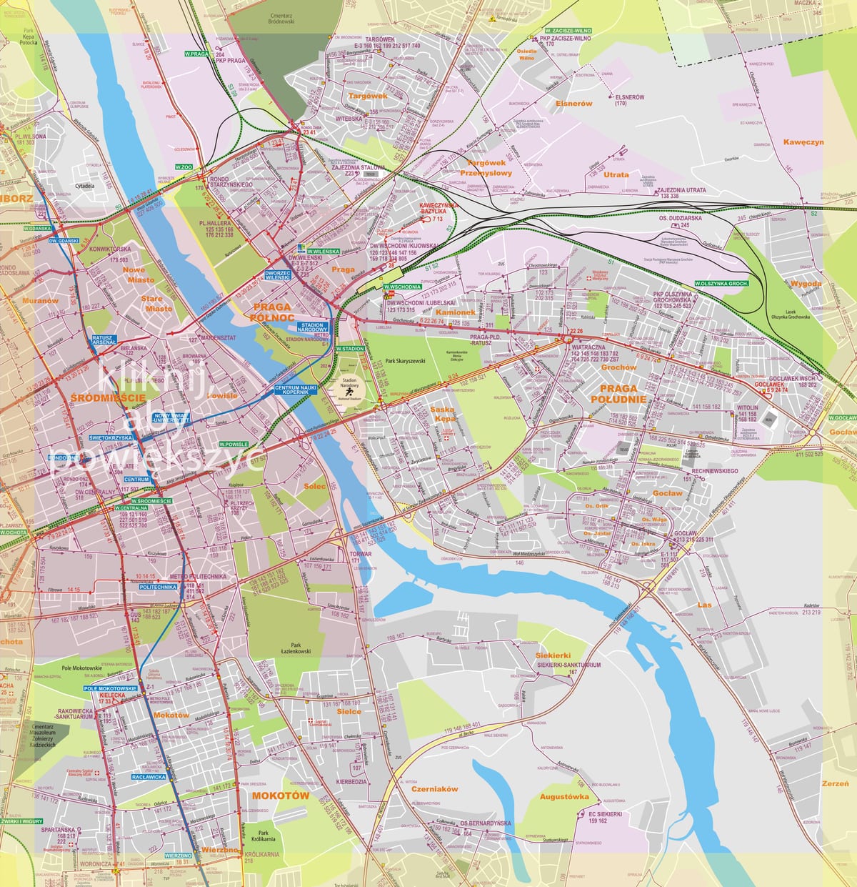 ワルシャワのバス路線網の地図