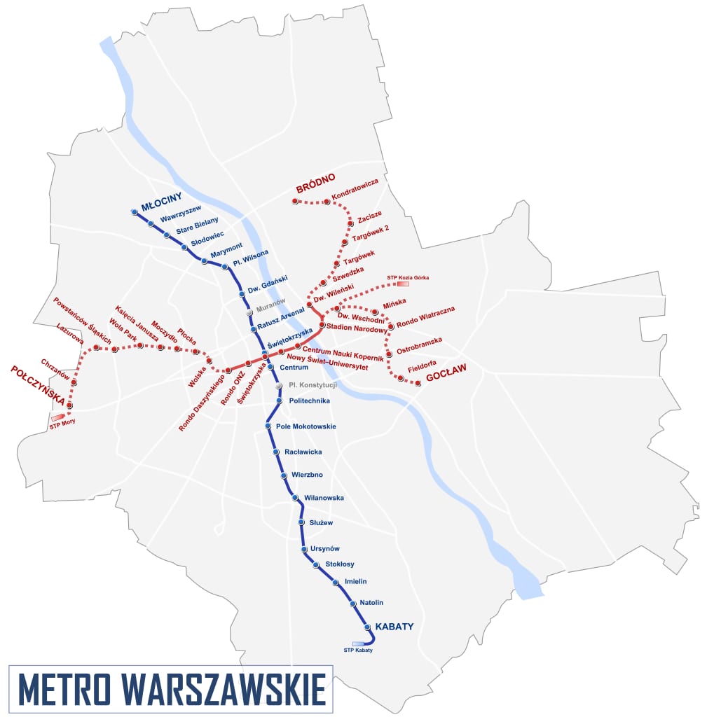 ワルシャワ地下鉄の路線網の地図