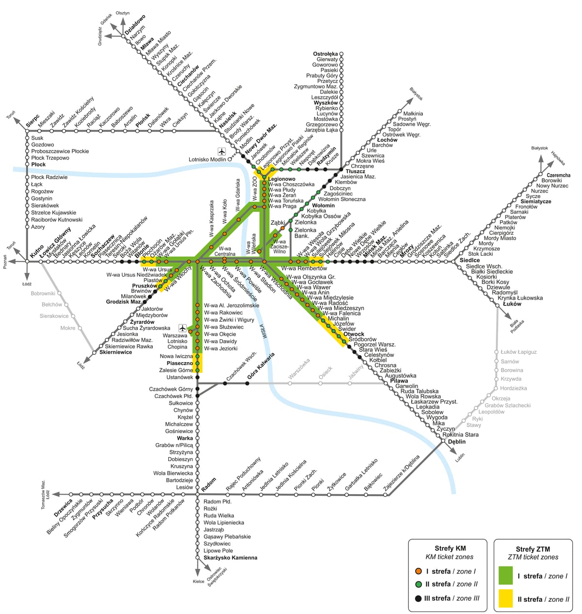 ワルシャワのKM(都市・通勤・近郊鉄道)路線網の地図