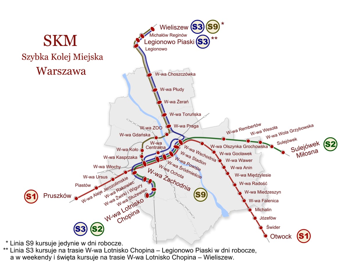 ワルシャワのSKM(都市・通勤・近郊鉄道)路線網の地図