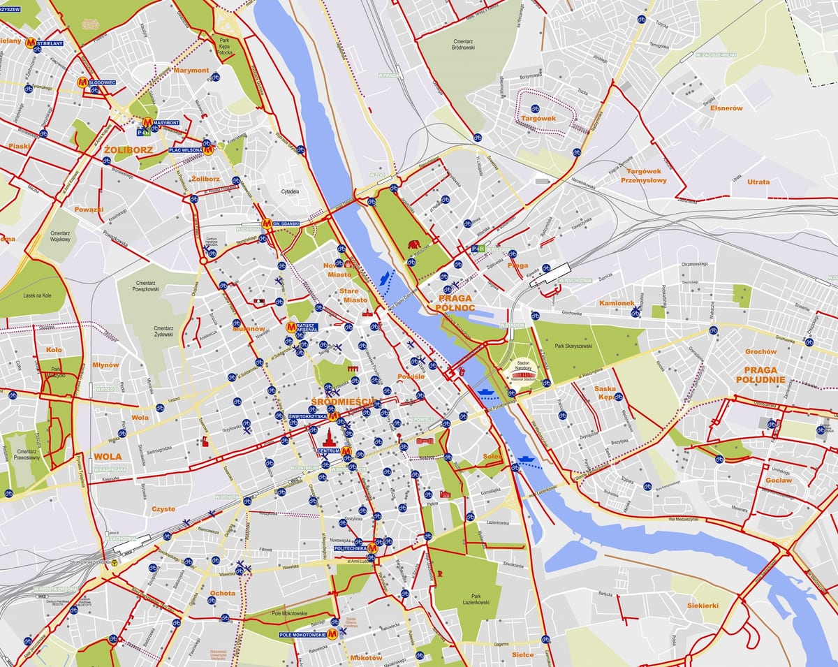 ワルシャワのVeturiloステーション（シェアサイクル・レンタサイクル）の地図