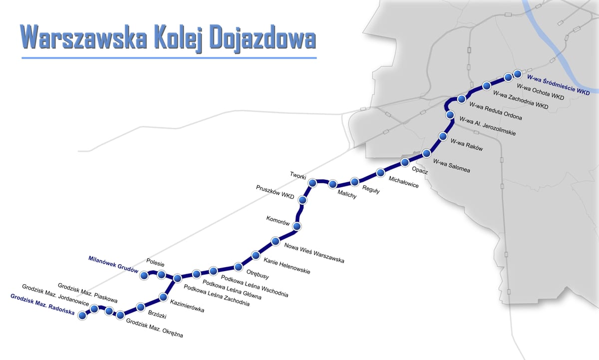 ワルシャワのWKD(都市・通勤・近郊鉄道)路線網の地図
